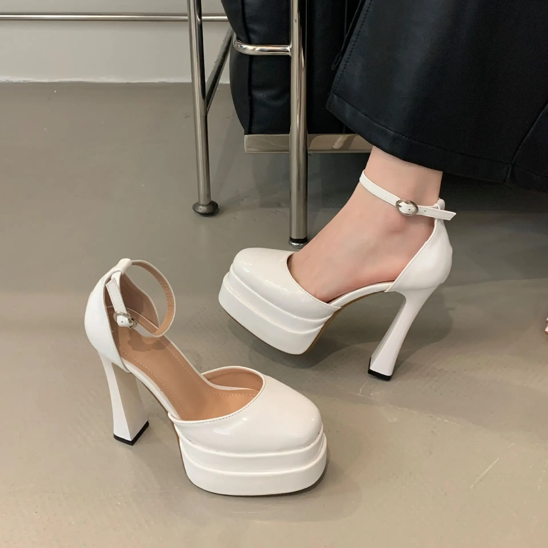 

Women's 12CM Ultra High Heel Sandals 2026 New Patent Leather Chunky Heel Platform Wedding Shoes with Ankle Strap for Performance