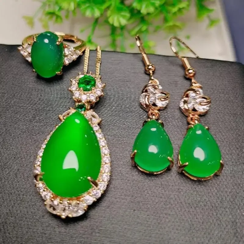 

Green Jade Jewelry Sets For Women Water Drop Pendant Necklace With Emerald Zircon Dangle Earrings And Jades Rings Jewellery Set