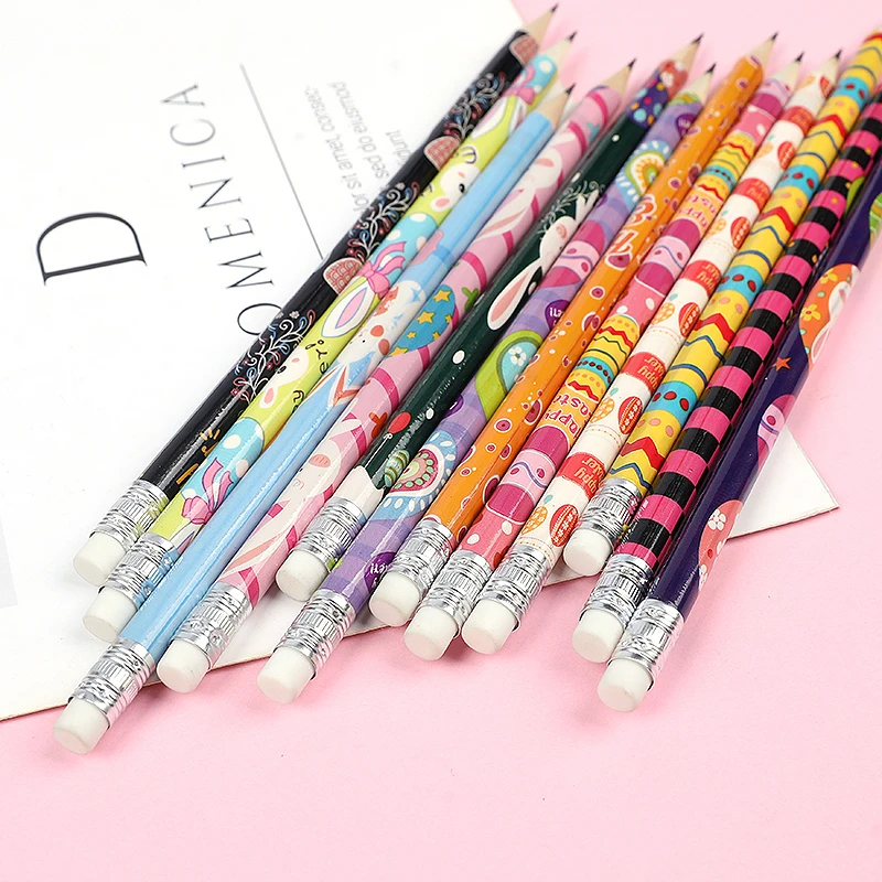 

12Pcs Easter Cartoon Rabbit Eggs Pattern Pencils With Eraser Happy Easter HB Writing Pencils For Kids School Stationery Gifts