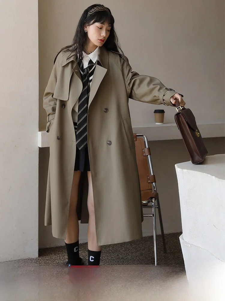 

Классическая женская ветровка в британском стиле, осенняя верхняя одежда из полиэстера, однотонная, для повседневной носки, в корейском стиле, с двойной застежкой B...