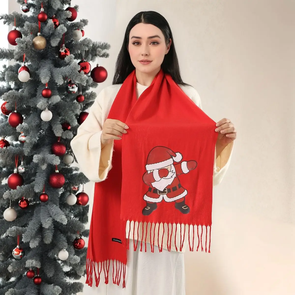 

Рождественский красный кашемировый шарф с принтом Санта-Клауса, пашмина, шарфы с кисточками и вышивкой, защита шеи, подарок, длинная теплая шаль