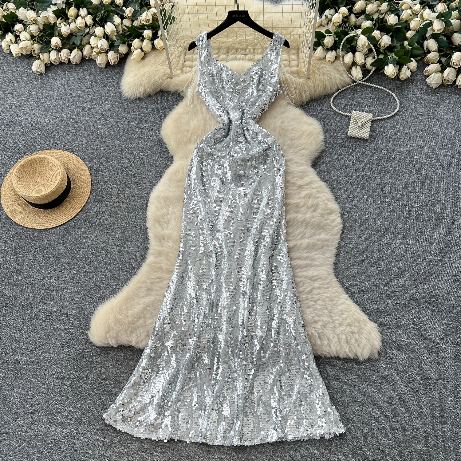 Chic vintage Sexy paillettes glitter slim Elegante fata moda coreana Boho Sundress abbigliamento donna abito a sirena