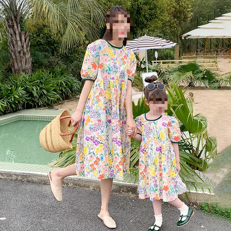 Mother and Daughter Matching Outfits Floral Round Neck Dress Princess Dress25Summer New Foreign Trade Children's Wear Delivery