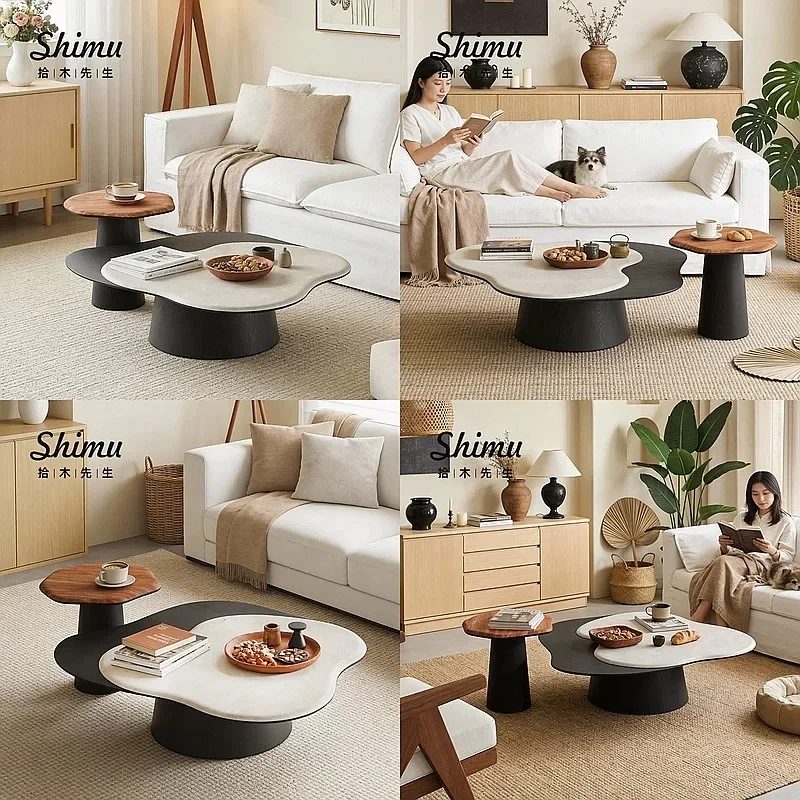 N80 Vintage Jade Rabbit Travertine Coffee Side Table Set for Living Room Natural Limestone Nesting Tables Cream Style