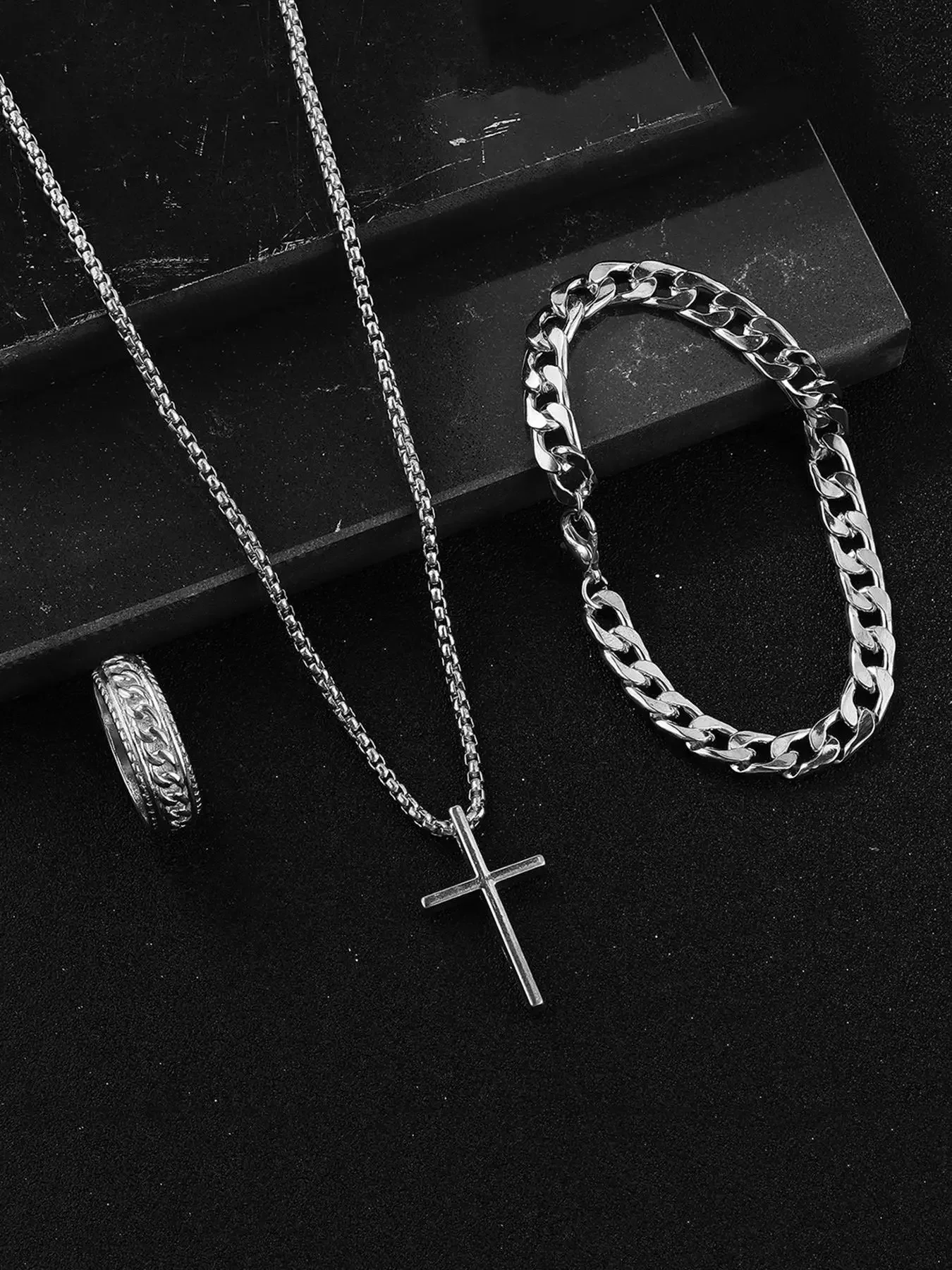 3 قطعة مجموعة الرجال الفولاذ المقاوم للصدأ المعادن الصليب سلسلة بدلاية قلادة سوار خاتم مجموعة الذكور الهيب هوب ارتداء اليومي الملحقات