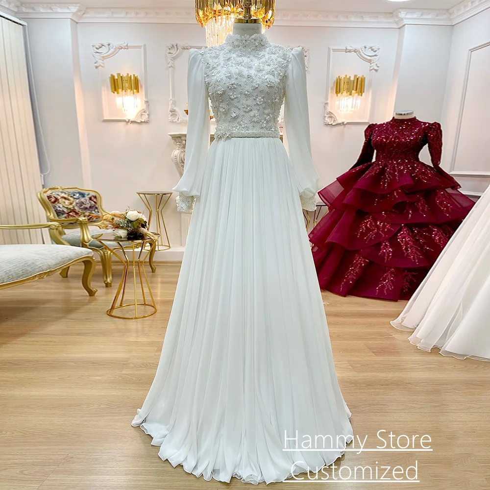 

Customized Arabian Wedding Dress Elegant High Neck Puff Sleeves Beading Flowers Sweep Train Corset Bridal Gown Vestido Noiva