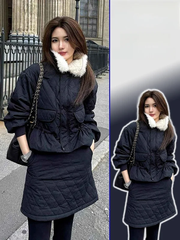 

plus Size Women's Luxury Sle Quilted Cotton Jaet Coat with Fur Collar And High Waist Skirt Two Piece Set Winter Outfit