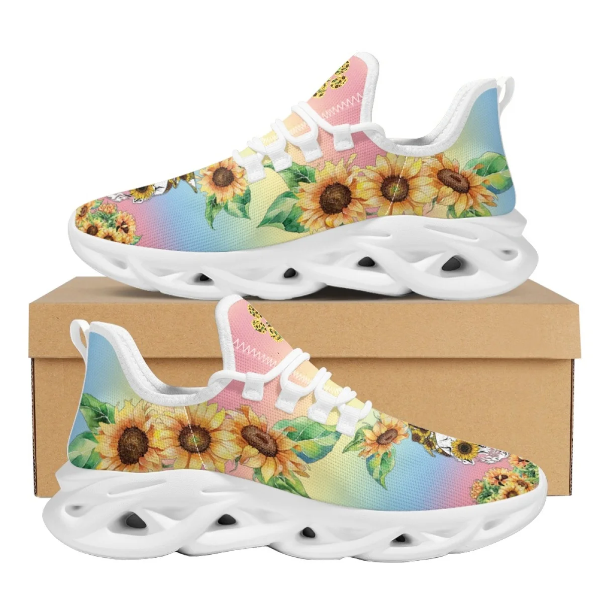 INSTANTARTS Stylist Design Sunflower Skull Print Ladies Shockproof Running Sneakers Outdoor Hiking Mesh Shoes Non-Slip Tennis