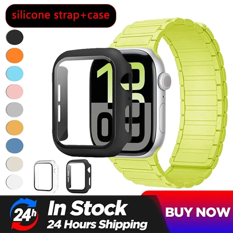 Силиконовый ремешок + чехол для Apple Watch Ultra3/2 49 мм 11 10 46/42 мм Магнитный сменный ремешок iWatch 9 8 7 45/41 мм 6 5 SE3 44 мм/40 мм