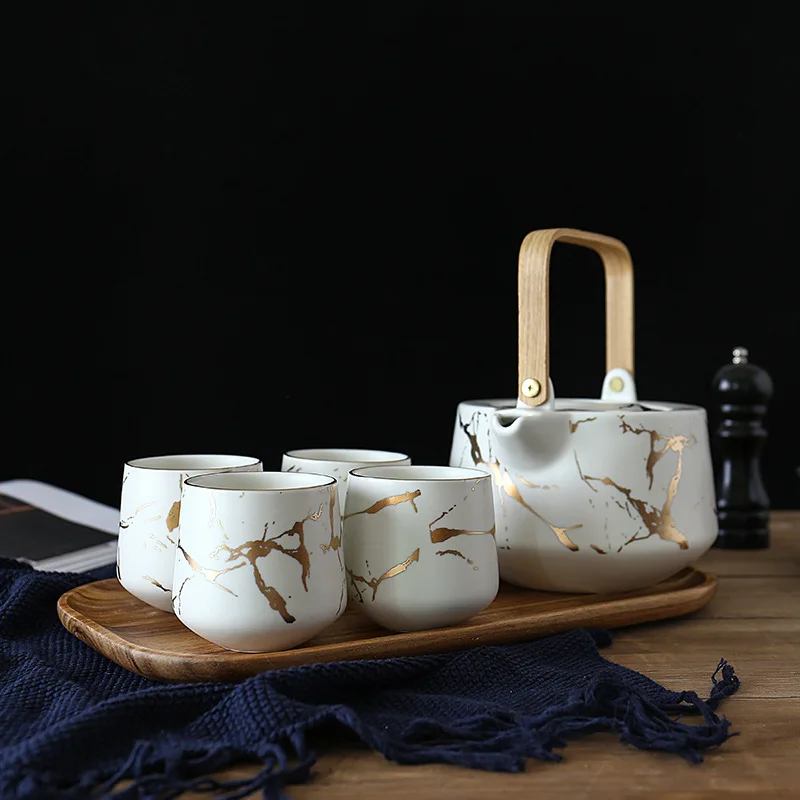 Marbling Household Tea Set Japanese-Style Black and White Ceramic Afternoon Tea Cup with Acacia Mangium Base Support Teapot