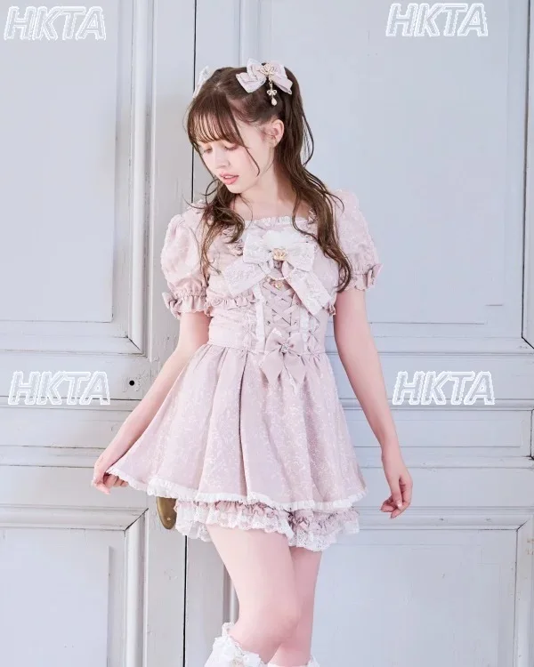 الألغام اليابانية الإنتاج الضخم الحلو لطيف لوليتا الجاكار الدانتيل فستان قصير الأكمام مجموعة تي شيرتات قصيرة للأطفال 2026 فستان صيفي جديد قطعتين مجموعة #1