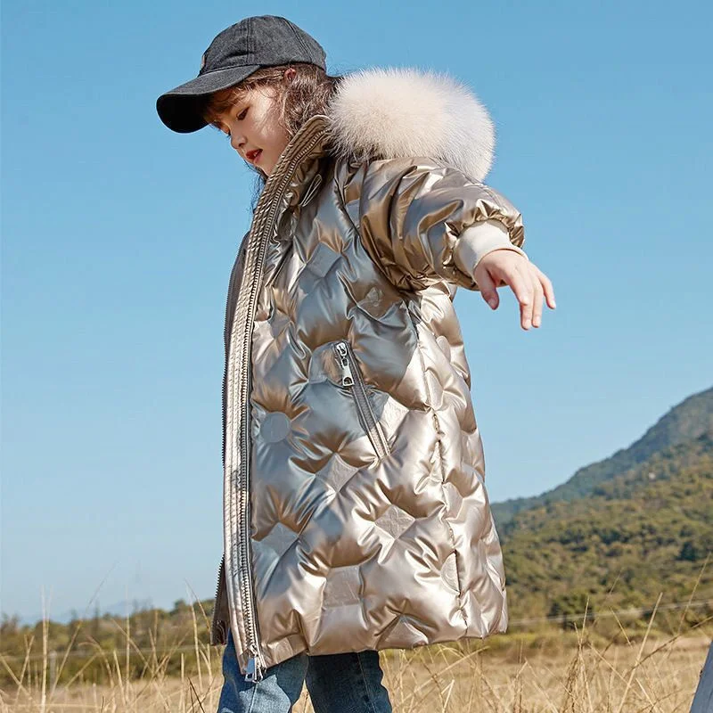 New Girls Glossy Jackets Children Thicken Hooded Outerwear Kids Trends Solid Colour Coats Fashion Parkas Winter Warm Overcoat