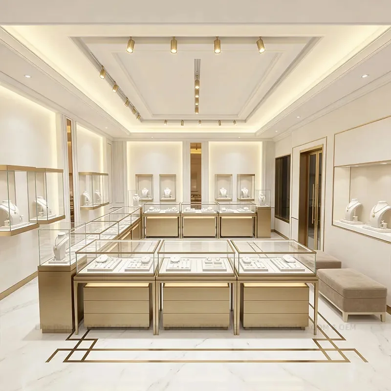 custom.L Shaped Jewelry Display Counter with LED Lighting Jewelry Vitrine Interior Ceiling Design in Jewelry Stores