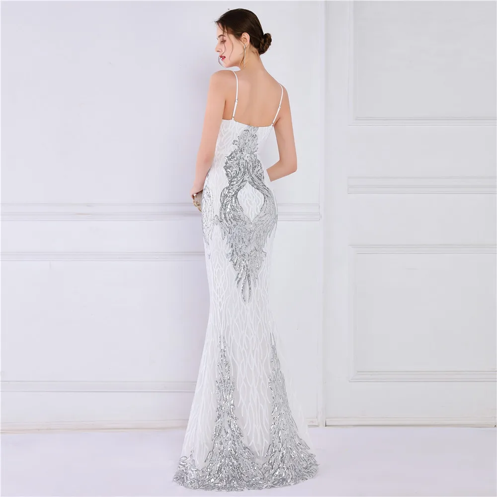 DEERVEADO Mermaid V Neck Sequin Evening Dresses 2022 New Elegant Women White Formal Dress Evening Party Gown K18800