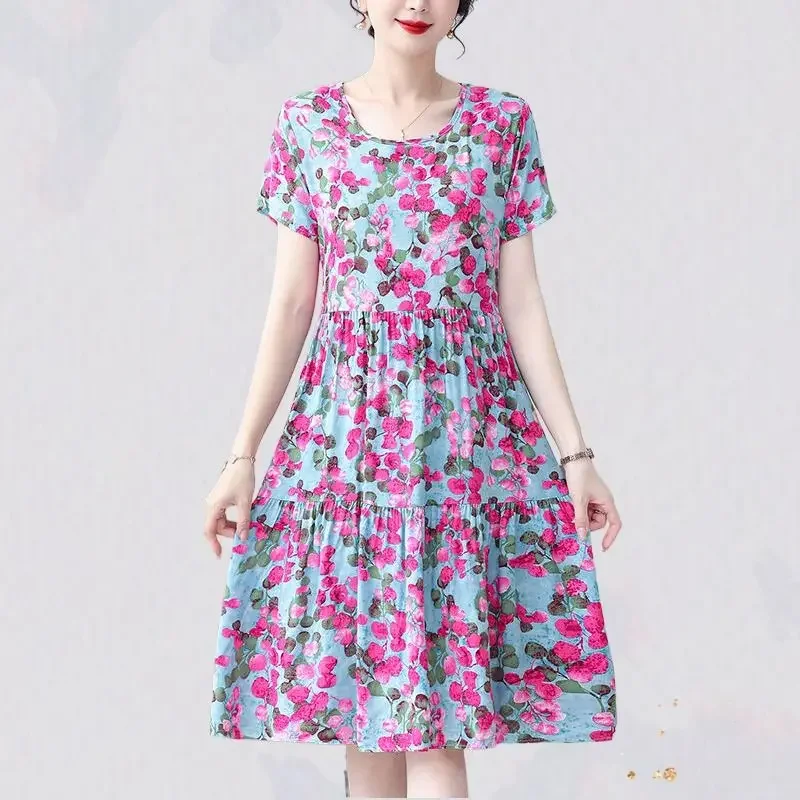 Floral Boho Beach Dresses for Women Flower Midi Short Sleeve Woman Dress Kpop Elegant Chic Pretty Elastic Vintage Clothing Party