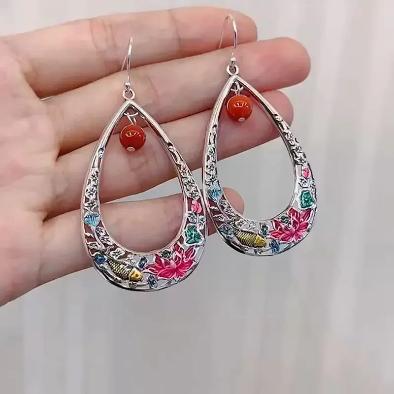 

925 Sterling Silver Lotus Fish Water Drop earrings Retro Ethnic Style Enamel Agate Big Hanging For Women Girls EH179