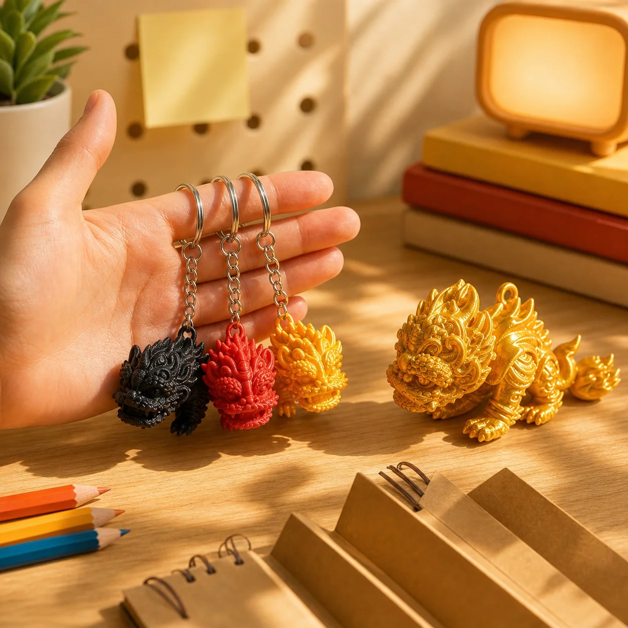 3D Printed Articulated Lion Keychain Chinese Lucky Beast Movable Joints Car Key Ring Bag Pendant Feng Shui Wealth Mascot Gift