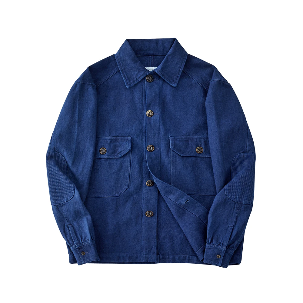 Vintage Handmade Indigo Canvas Jacket Men Autumn Winter New Blue Dyed Lapel Multi-pocket Long Sleeve Jacket Casual Cardigan Coat