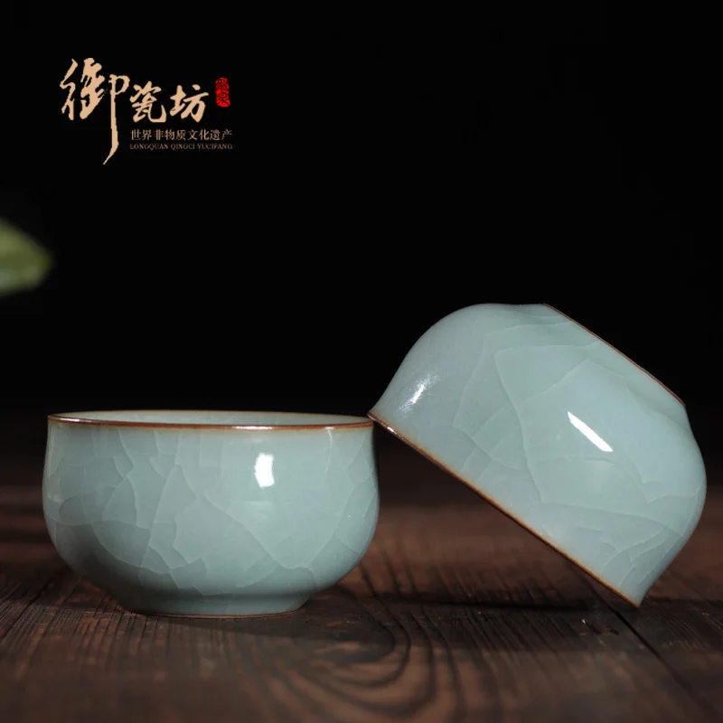 |Longquan Boutique Celadon Tea Cup Single Cup Ceramic Kung Fu Tea Cup Ge Kiln Opening Film Ice Crack Master Cup Tea Set