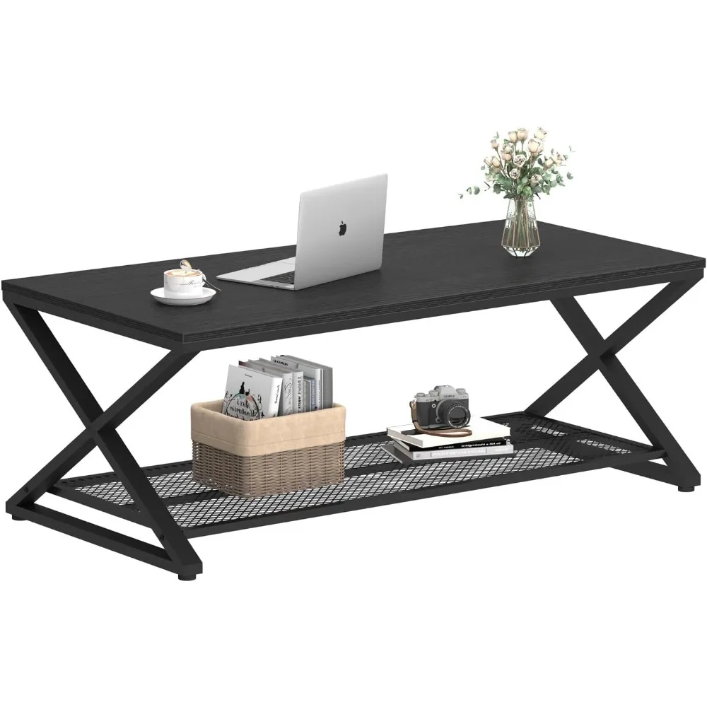 

LVB Black Coffee Table, Wood Metal 2 Tier Center Tables with Storage Shelf, Modern Rectangular Concrete Tea Table