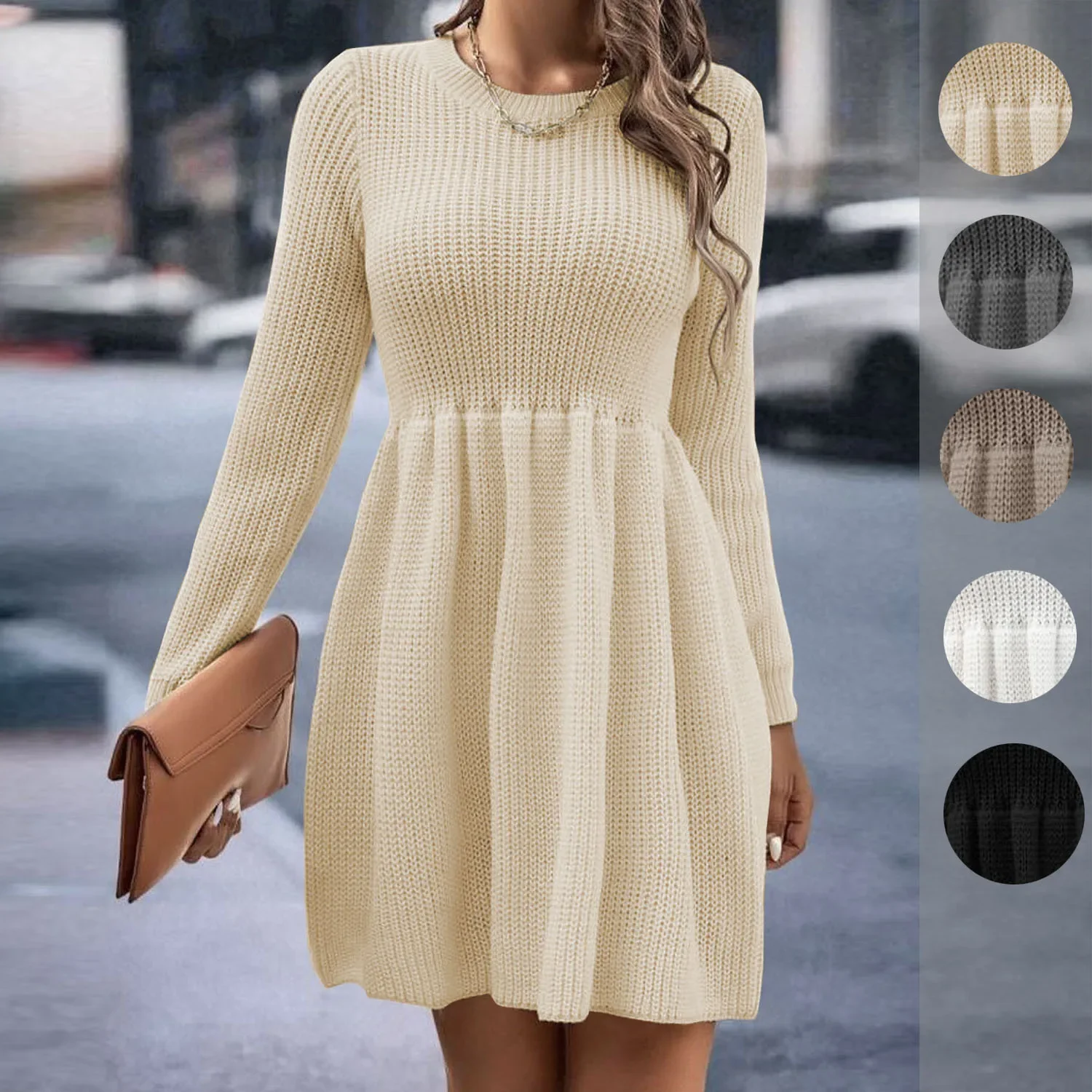 

Sweaters Dress Women Jumper Round Neck Full Sleeve Dresses A Line Casual Tight High Waist Vestidos Splice Autumn Winter Pullover