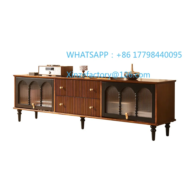 Customizable French Medieval Solid Wood TV Cabinet with Drawers, Living Room Against The Wall Audio-visual Cabinet, American