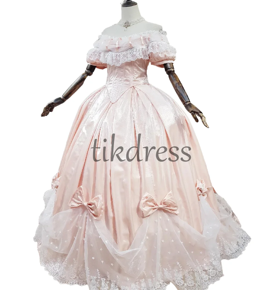 

Renaissance 1860s Crinoline Prom Dress With Bow Off Shoulder Lace Satin Civil War Evening Dress South Belle Formal Customized