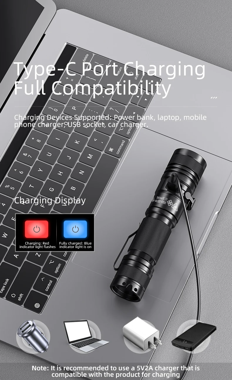 SUPERFIRE A12 Hochleistungs-LED-Taschenlampe, USB wiederaufladbar, zoombar, taktische Taschenlampe, 5 Modi, wasserdicht, für Outdoor-Angellaterne – Detail 8