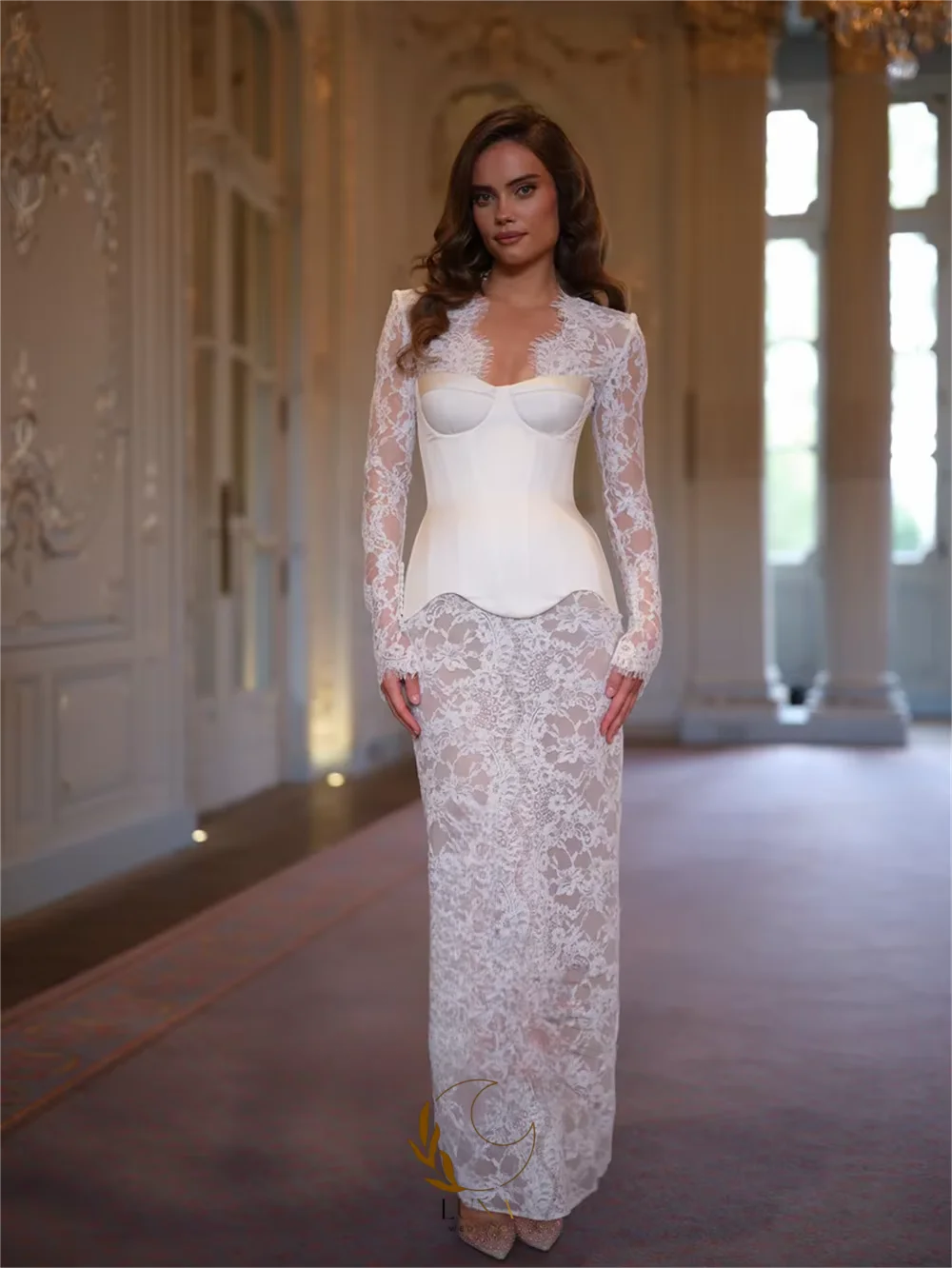 Luna Customized Exquisite Long Lace Sleeves Wedding Dress Elegant V Neck Vestido De Noiva Appliques Straight Evening Dresses