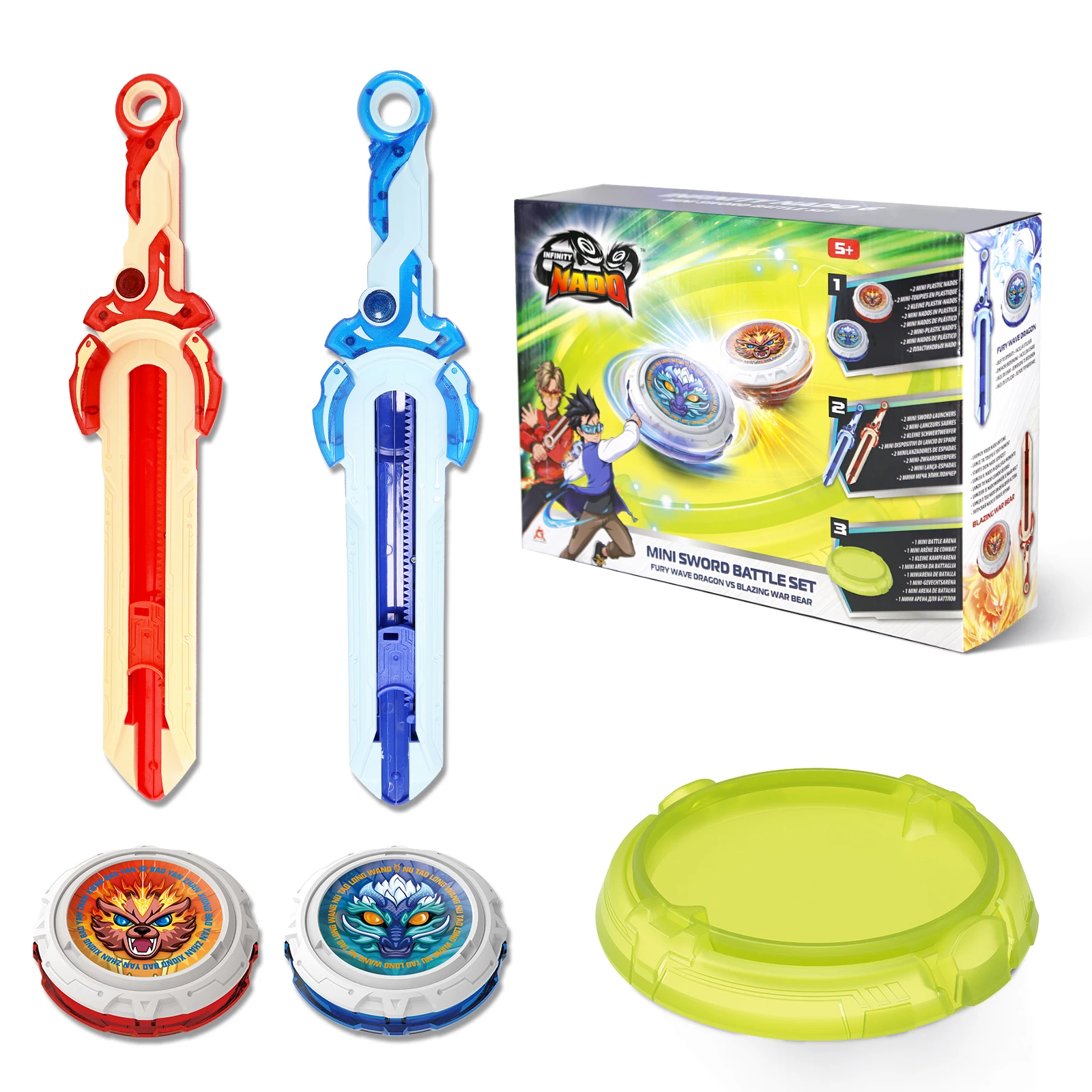 INFINITY NADO Set de 2 Trompos de Batalla con Arena, Juguetes de Trompos Giratorios para Niños, Trompos de Batalla con Mini Lanzador de Espada, Trompos de Batalla para Niños