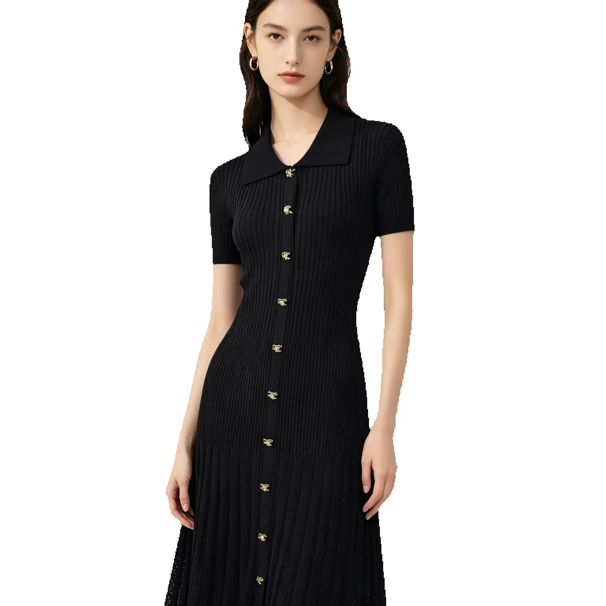 

Spring Summer New Slim Fit Knitted Dress - Women's High Quality Fashionable Commuting Single Breasted Lapel Short Sleeved