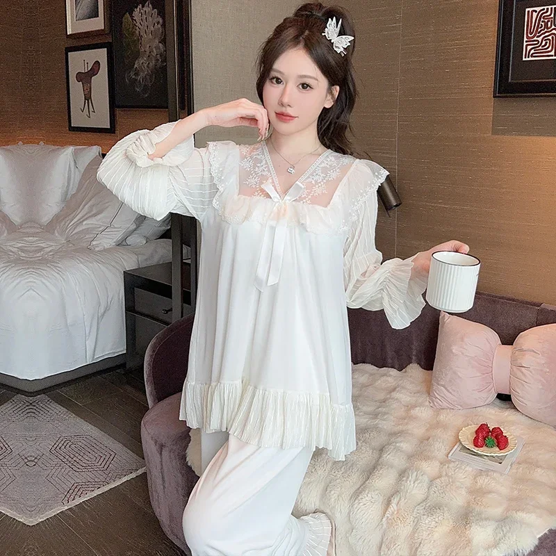 White Pajama Sets Women Padded Sleepwear Home Gentle Spring Autumn Lace Design Aesthetic Korean Fashion Lounge Casual Females