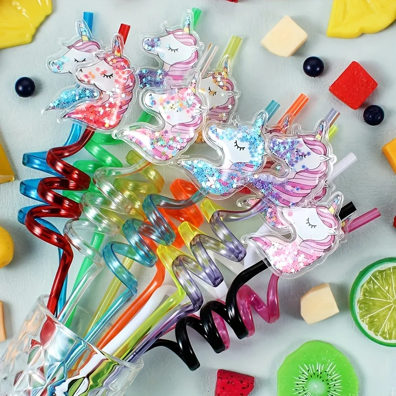 [P pajitas con purpurina de unicornio] 6/8/10/12 pajitas en espiral reutilizables con dibujos de pony | Diversión mágica y ecológica para leche, bebidas y partes