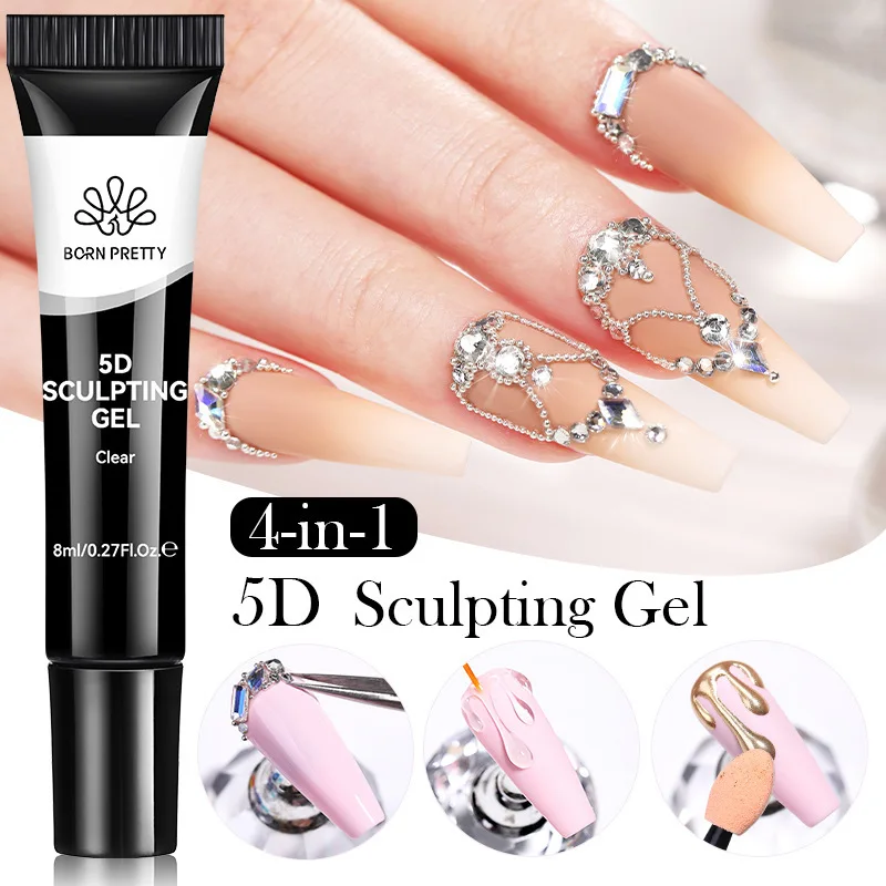5D Nail Sculpting Gel with Solid Mirror Powder DIY Nail Embossing Gel for Painting Carving Nails 8ml
