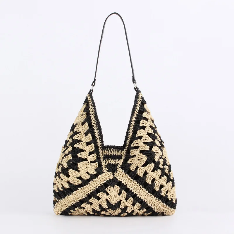 Summer Casual Tote Hollow Straw Beach Bag Handmade Woven Shoulder Bag Raffia Rattan Shopping Travel Bag Bohemian Braided Handbag