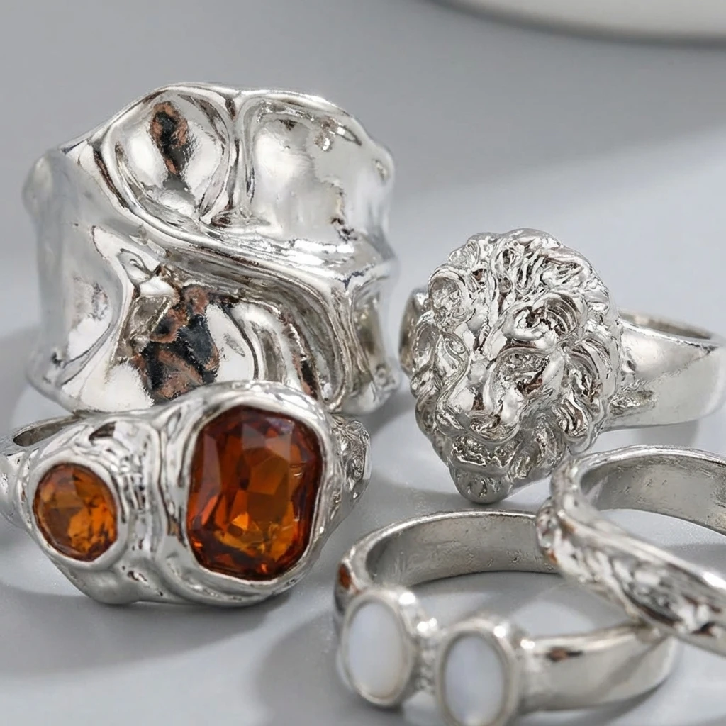 Ins-Style Unregelmäßiger Wellenring-Set in Silberfarbe, Stapelbare Fingerringe für Frauen, Coole Geometrische Fingeraccessoires, Modetrend – Detail 5