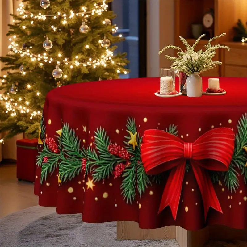 VIKAMA Christmas Round Table Cover Solid Red Pine Berry Bow Snowflake Merry Christmas Dining Tablecloth Winter Party Decor