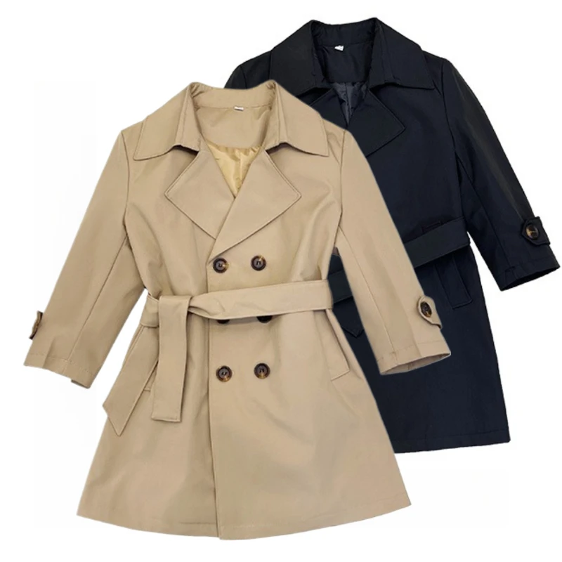Unisex Kids Double Breasted Trench Coat Belted Lapel Long Sleeve Windproof Jacket Khaki Black Multi Color Spring Fall Outerwear