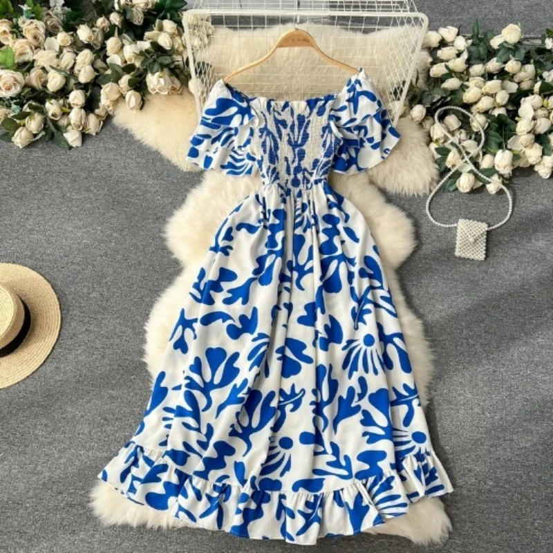 ชุดเดรสยาวผู้หญิงสายพิมพ์ดอกไม้Vestidos Y2k Streetwearปิดไหล่แขนกุดElegant Slim Part Night 2025 Beach