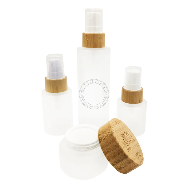 

20ML-120ML Frosted Glass Bamboo Pump Lotion Bottles Toning And Moisturizing Press Refillable Bottle Jar Vial with Bamboo Cap Lid