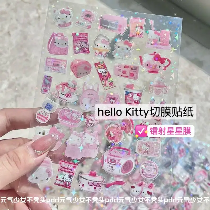 Random 10Pcs Sanrio Hello Kitty Stickers Kawaii Cartoon Laser Kt Cut Film Sticker Anime Peripheral Handbook Decoration Girl Gift