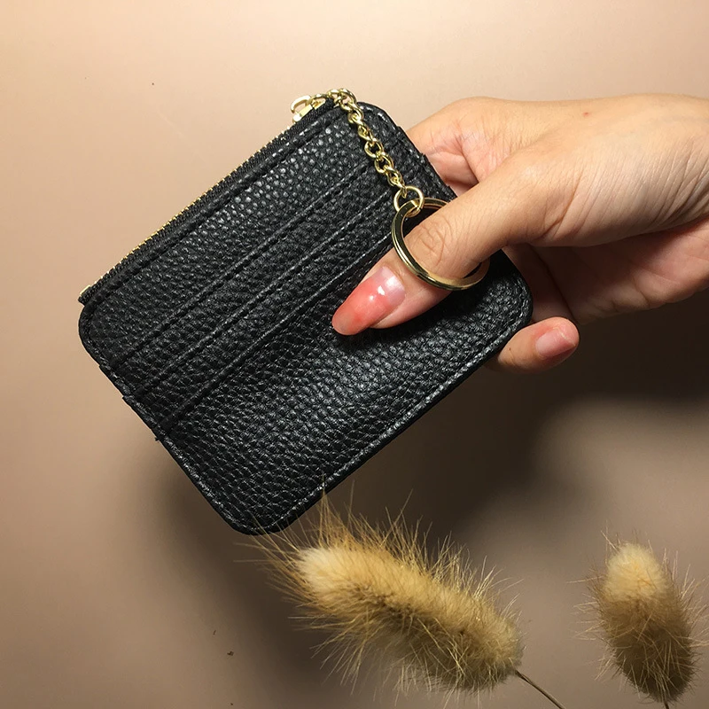 7 Slots Cards Ultra-thin PU Leather Credential Card Holder Pendant Keychain Zipper Card Bag Coin Wallet Solid Color Change Purse