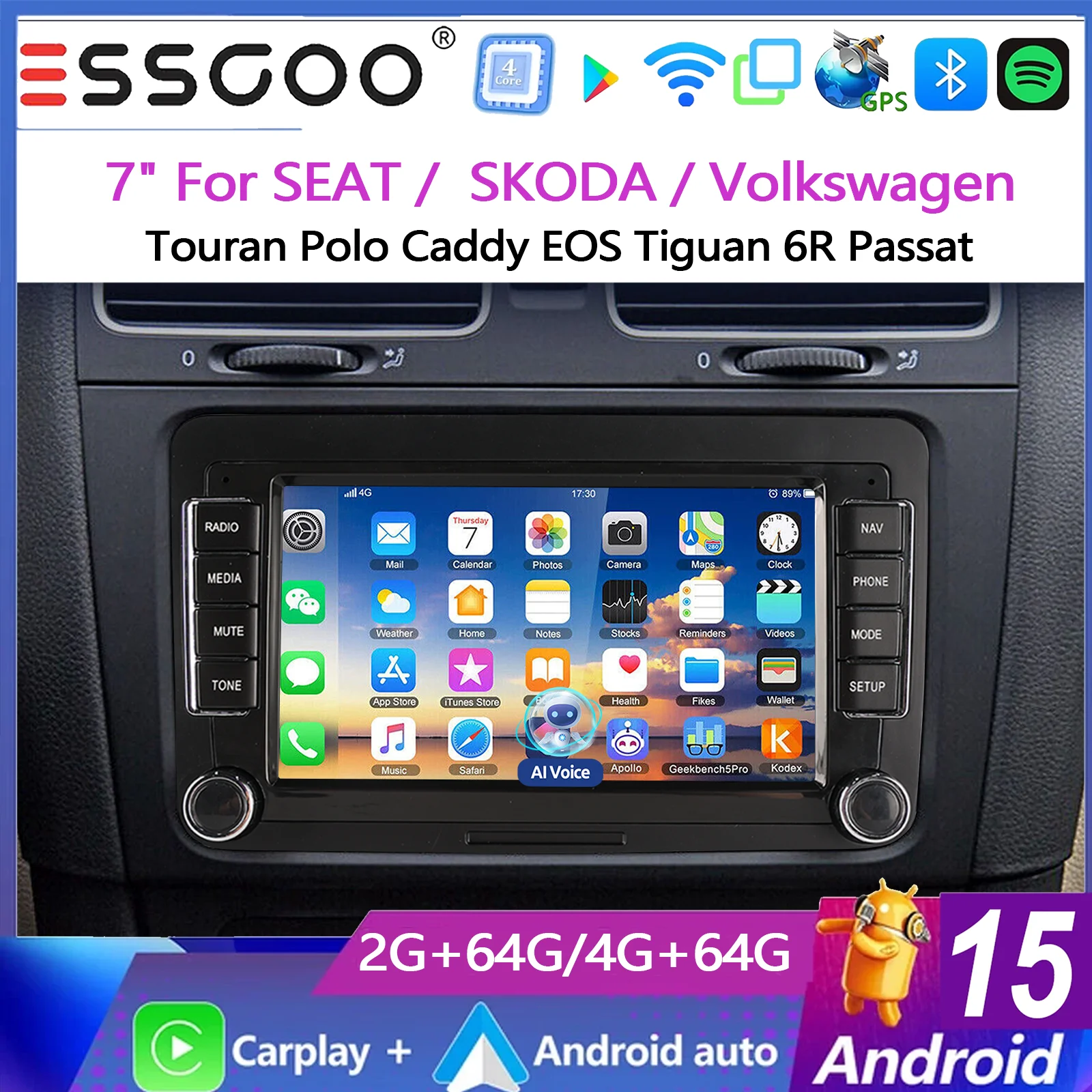 ESSGOO 7" Android15 2+64G/ 4+64G Für Seat/Skoda/VW Golf 5 6 Passat Polo Touran Tiguan Rabbit Sharan Caddy EOS T5 Autoradio mit Wireless Carplay Android Auto GPS NAVI RDS FM WIFI Bluetooth AI