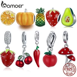 Bamoer 925 Sterling Silver Little Peppers Pendant Red Charm Plant Fruit Bead Original Cute for Women Party Gift Fine Jewelry DIY