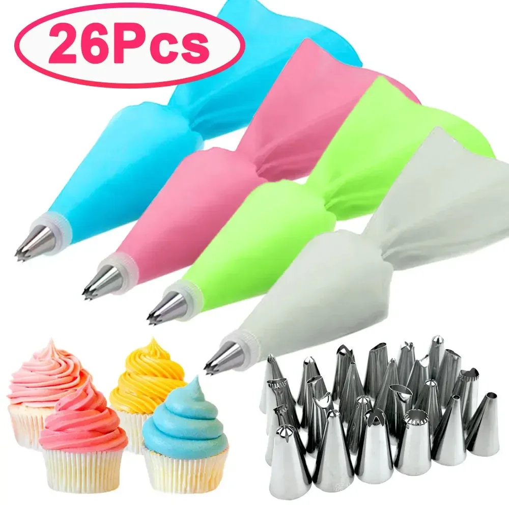 8/12/26Pcs/Set Silicone Pastry Bag Tips Kitchen Cake Icing Piping Cream Cake Decorating Tools Reusable Pastry Bags+24 Nozzle Set