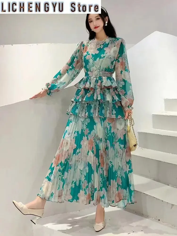 

Женское платье с круглым вырезом, длинным рукавом-фонариком и оборками