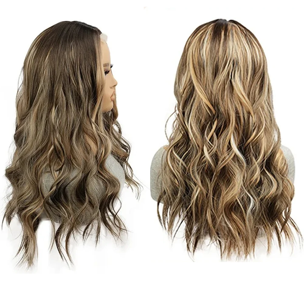 4*4 peruca de fechamento de renda para mulheres longo encaracolado ondulado peruca de renda 26 "synthetic destaque chocolate marrom perucas de cabelo festa diária dia das bruxas