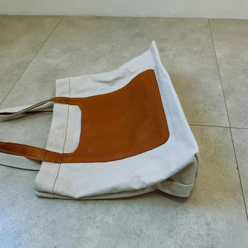 AETOO A niche vegetable-tanned cowhide bag with canvas, a large-capacity single-shoulder underarm women's bag in contrasting col