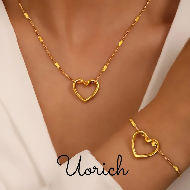 Uorich Classic Simple Hollow Out Loving Heart Necklace Bracelet for Women Unisex Stainless Steel Jewelry Set Gifts Daily Wear