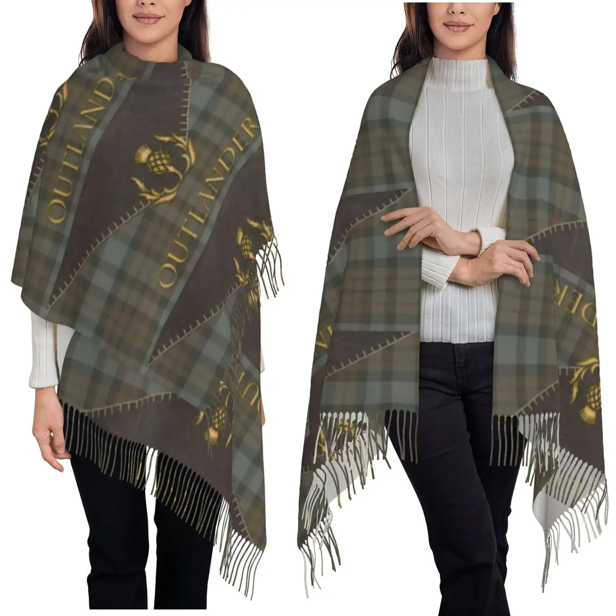 

Outlander Leather And Tartan Scottish Art Scarf Tassel Scarves Women Soft Warm Shawls and Wraps Large Fall Winter Shawl Wrap